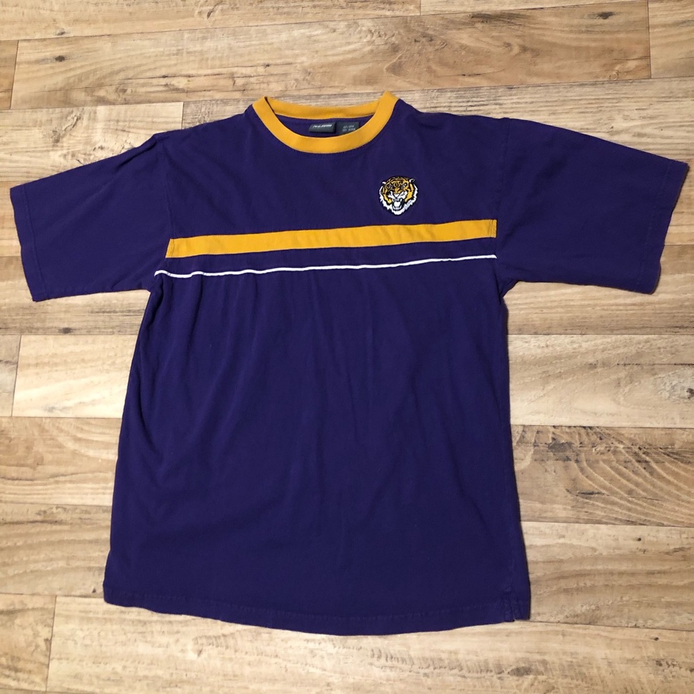 Throwback Pro Edge LSU Purple Tee with Gold Stripe & Tiger Patch size XL